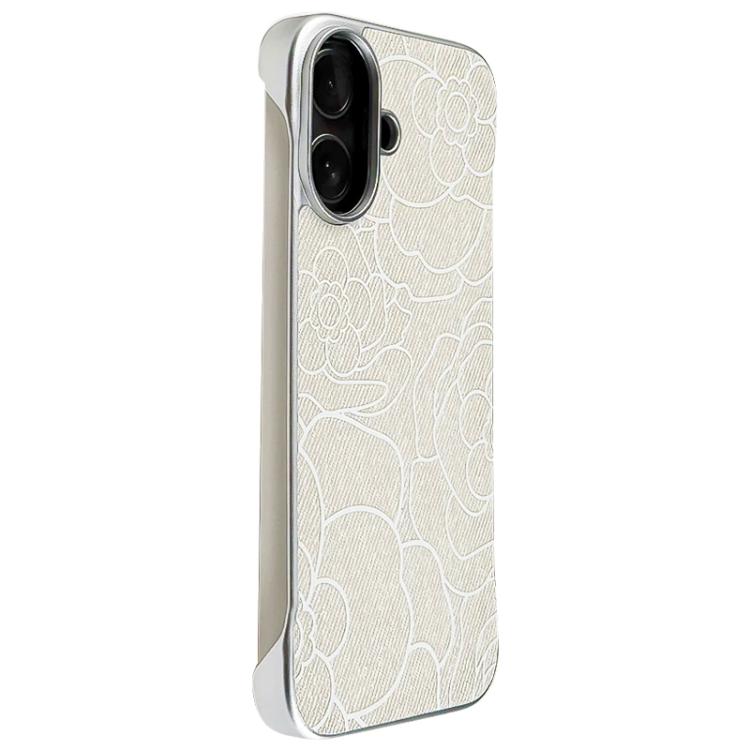 For iPhone 16 Embossed Camellia Flower Linen Fabric Magnetic Half Coverage Phone Case(White)
