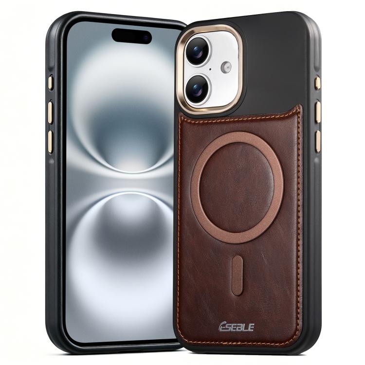 For iPhone 16 ESEBLE Crazy Horse Pattern Airbag Shockproof Magnetic Phone Case(Coffee)