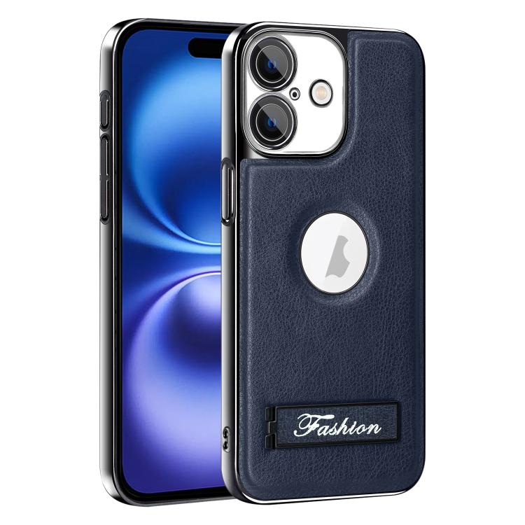 For iPhone 16 Fashion Electroplated Fold Holder Shockproof Phone Case(Blue)
