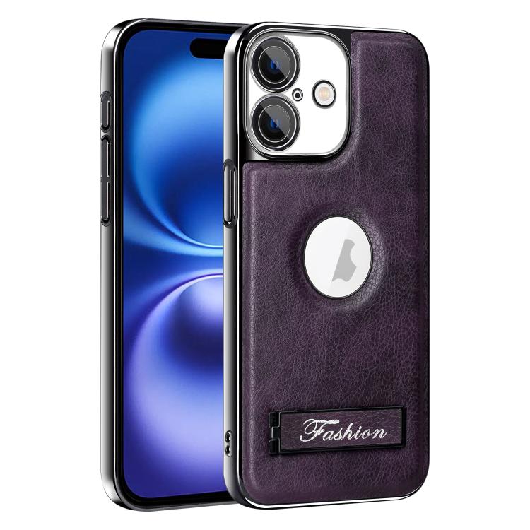 For iPhone 16 Fashion Electroplated Fold Holder Shockproof Phone Case(Purple)