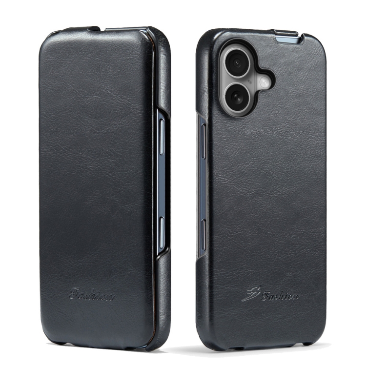 For iPhone 16 Fierre Shann 64 Texture Vertical Flip PU Leather Phone Case(Black)
