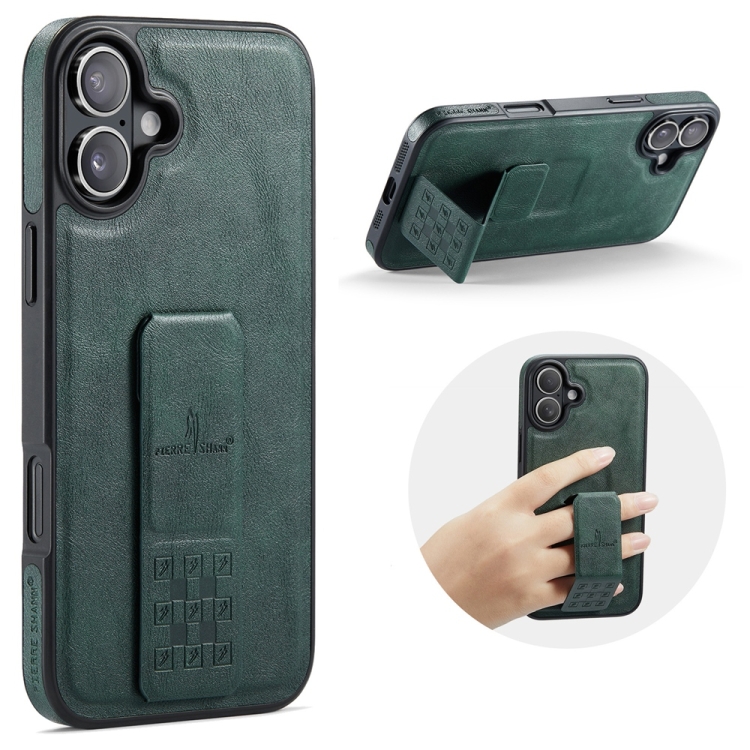 For iPhone 16 Fierre Shann Oil Wax Cow Leather Holder Back Phone Case(Green)