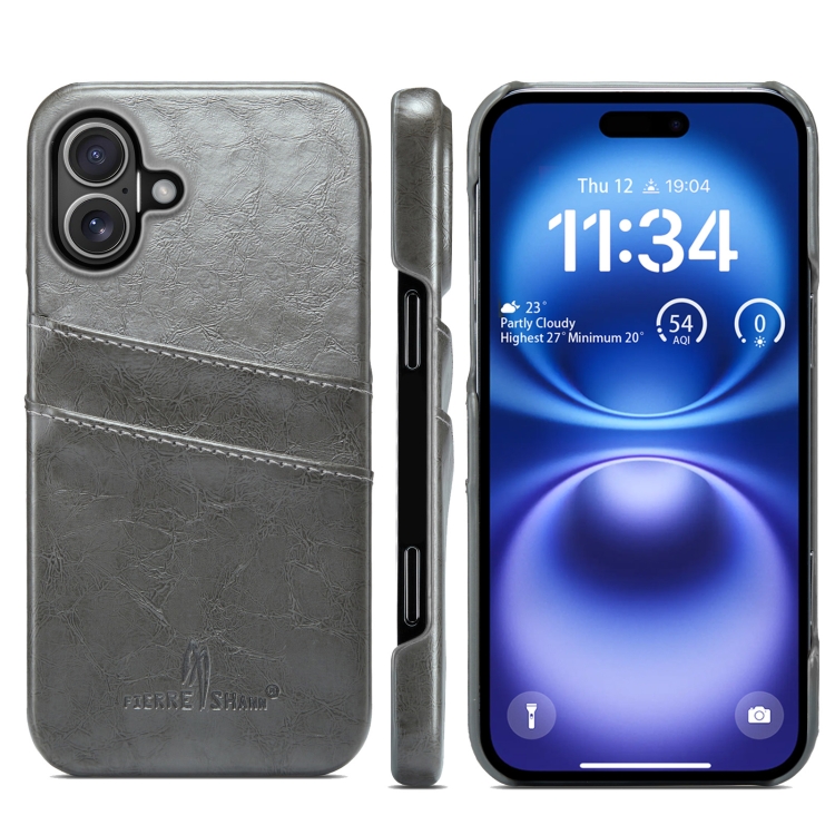 For iPhone 16 Fierre Shann Retro Oil Wax Texture Card Slots PU Leather Phone Case(Grey)