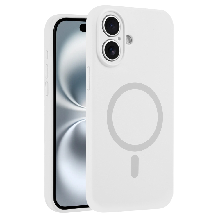 For iPhone 16 Fine Hole Pure Color Liquid Silicone MagSafe Phone Case(White)