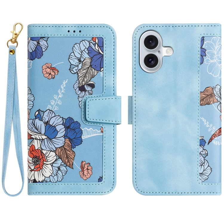 For iPhone 16 Floral Pattern Leather Phone Case with Lanyard(Light Blue)