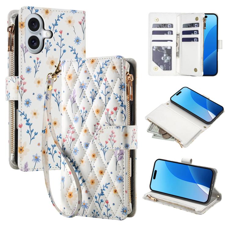 For iPhone 16 Flower Pattern Zipper Wallet Vegan Leather Phone Case with Lanyard(Blue Flowers)