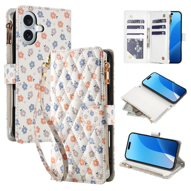 For iPhone 16 Flower Pattern Zipper Wallet Vegan Leather Phone Case with Lanyard(Florals)