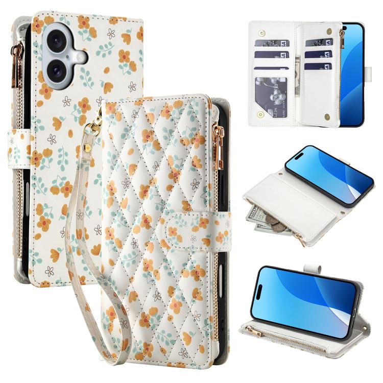 For iPhone 16 Flower Pattern Zipper Wallet Vegan Leather Phone Case with Lanyard(Orange Flowers)
