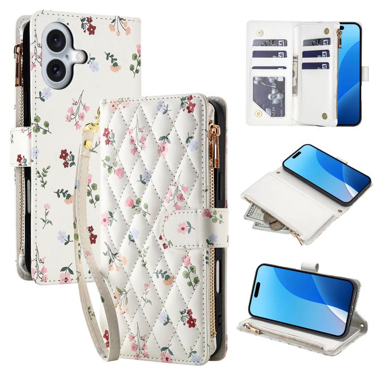 For iPhone 16 Flower Pattern Zipper Wallet Vegan Leather Phone Case with Lanyard(Pink Flowers)