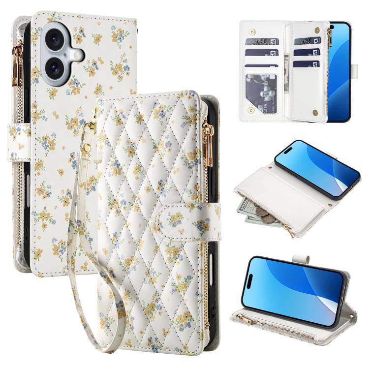 For iPhone 16 Flower Pattern Zipper Wallet Vegan Leather Phone Case with Lanyard(Yellow Flowers)