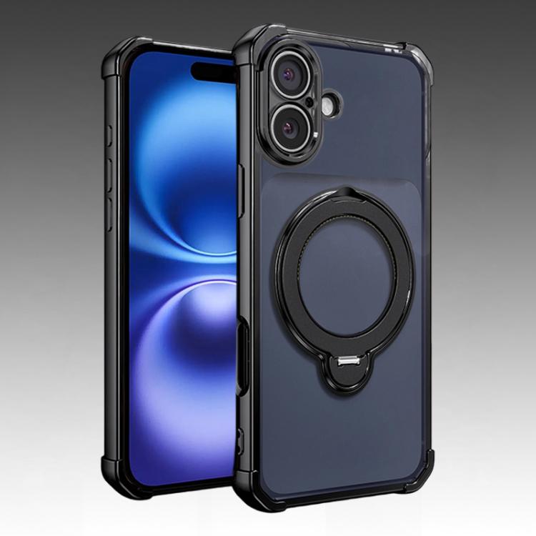 For iPhone 16 Four-Corner Airbags Shockproof Rotation Holder Magnetic Phone Case(Black)