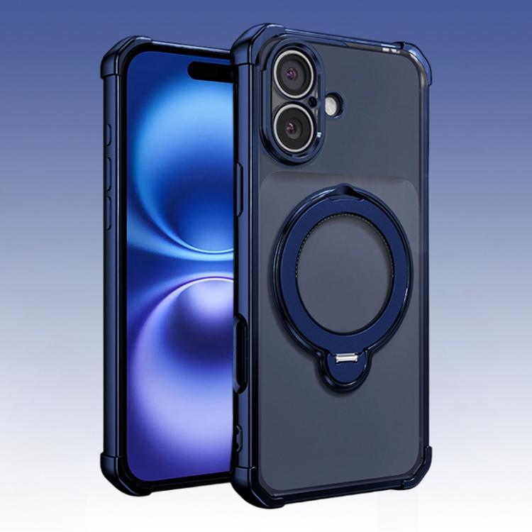 For iPhone 16 Four-Corner Airbags Shockproof Rotation Holder Magnetic Phone Case(Dark Blue)