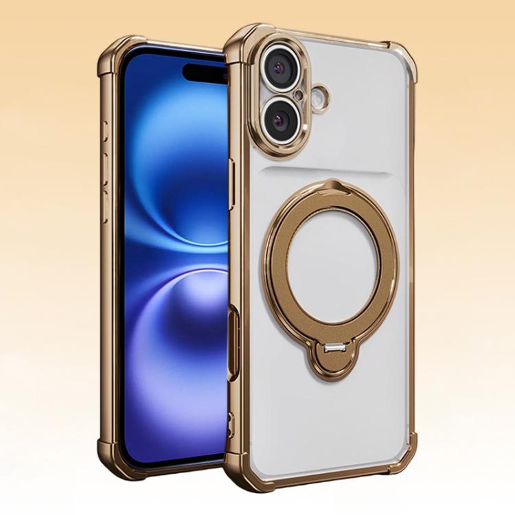 For iPhone 16 Four-Corner Airbags Shockproof Rotation Holder Magnetic Phone Case(Desert Gold)