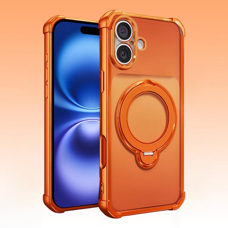 For iPhone 16 Four-Corner Airbags Shockproof Rotation Holder Magnetic Phone Case(Orange)