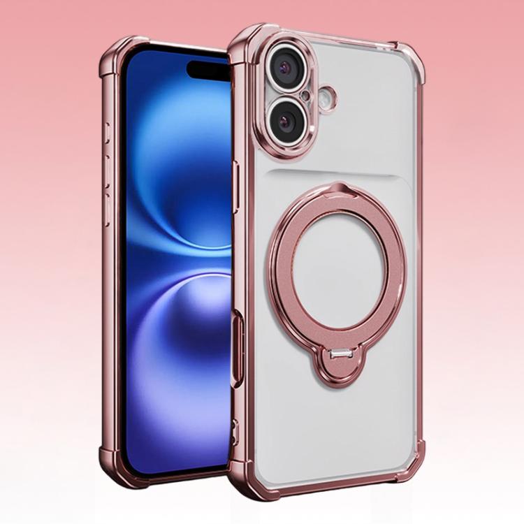 For iPhone 16 Four-Corner Airbags Shockproof Rotation Holder Magnetic Phone Case(Rose Pink)