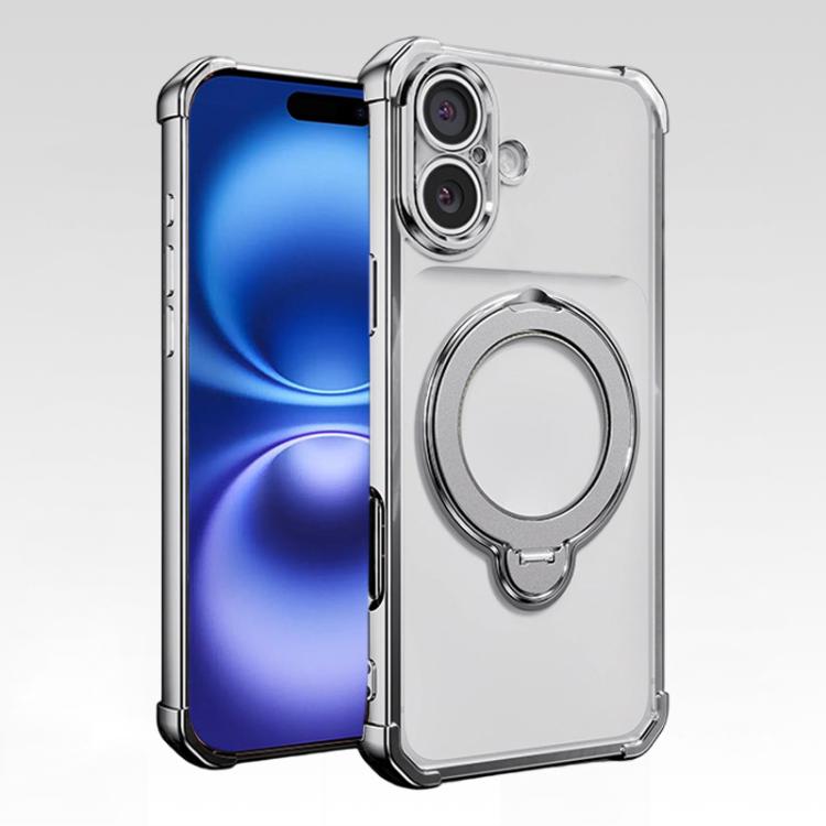 For iPhone 16 Four-Corner Airbags Shockproof Rotation Holder Magnetic Phone Case(Silver)