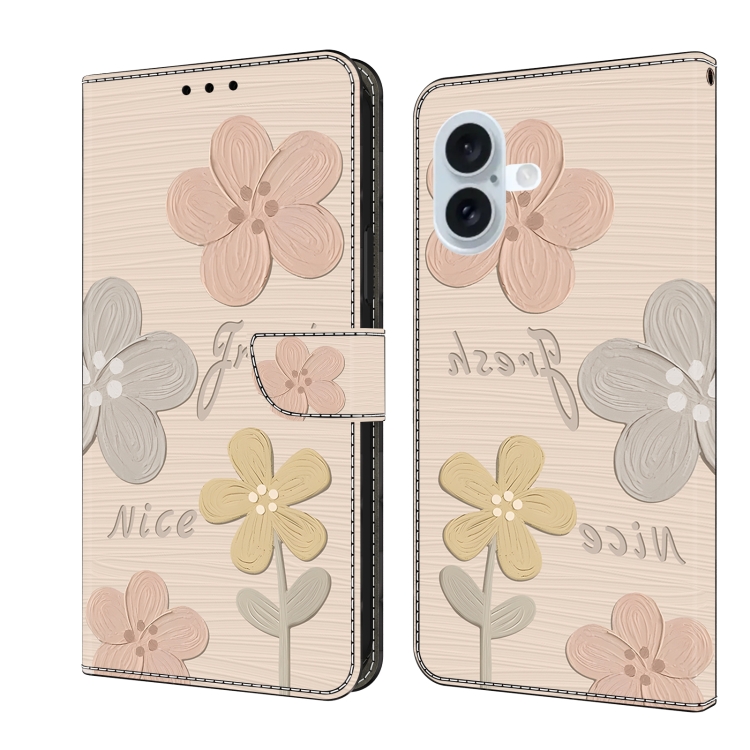 For iPhone 16 Fresh Painted Leather Phone Case(Beige Flowers)