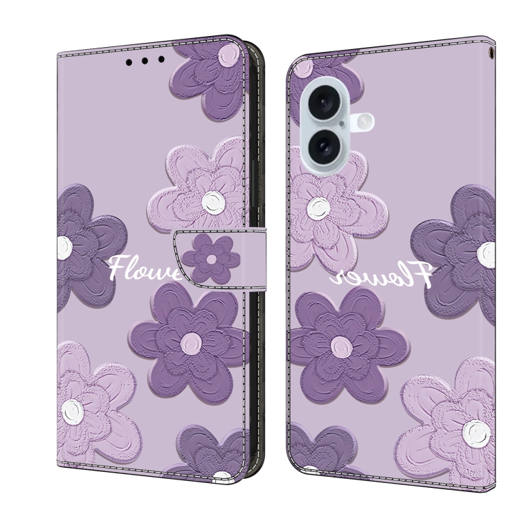 For iPhone 16 Fresh Painted Leather Phone Case(Dark Purple Flowers)
