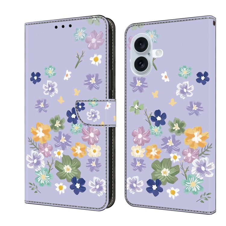 For iPhone 16 Fresh Painted Leather Phone Case(Purple Floral)