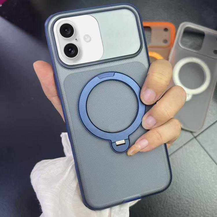 For iPhone 16 Frosted Dot Texture 360 Degree Rotation Holder Magnetic Phone Case(Blue)