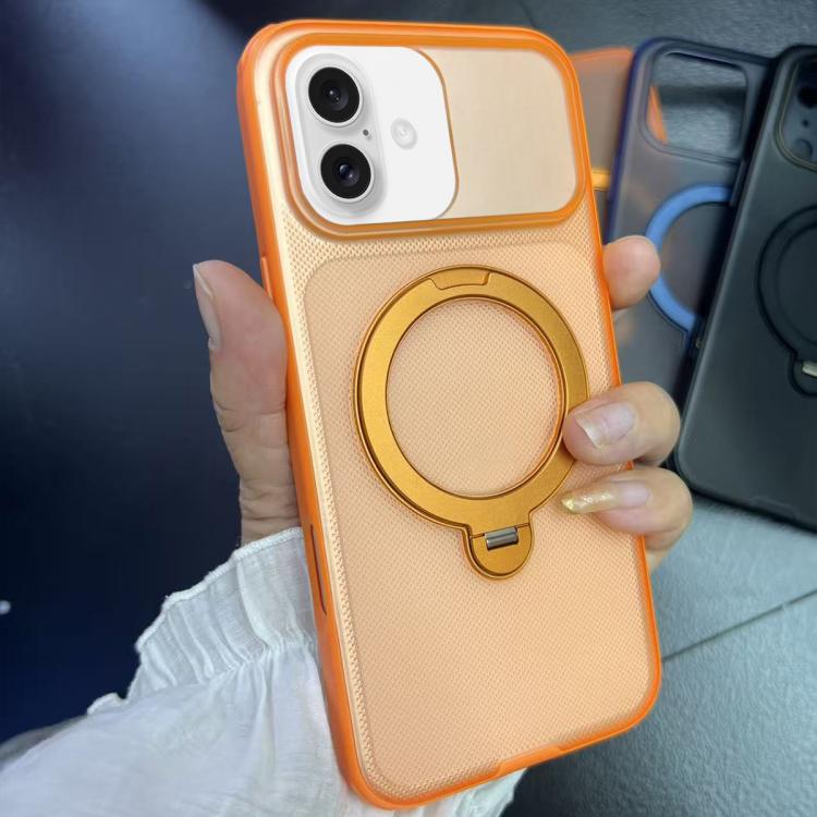 For iPhone 16 Frosted Dot Texture 360 Degree Rotation Holder Magnetic Phone Case(Orange)