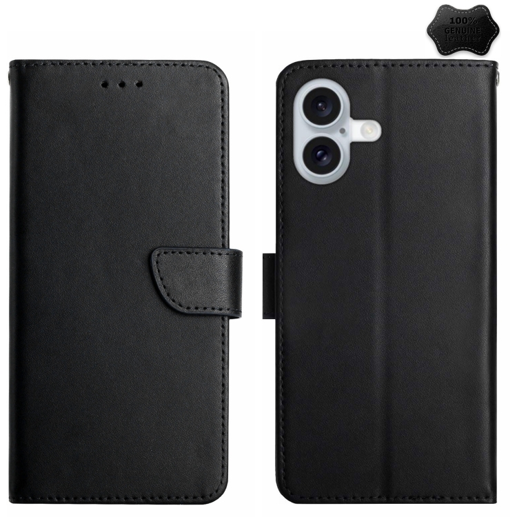 For iPhone 16 Genuine Leather Fingerprint-proof Flip Phone Case(Black)