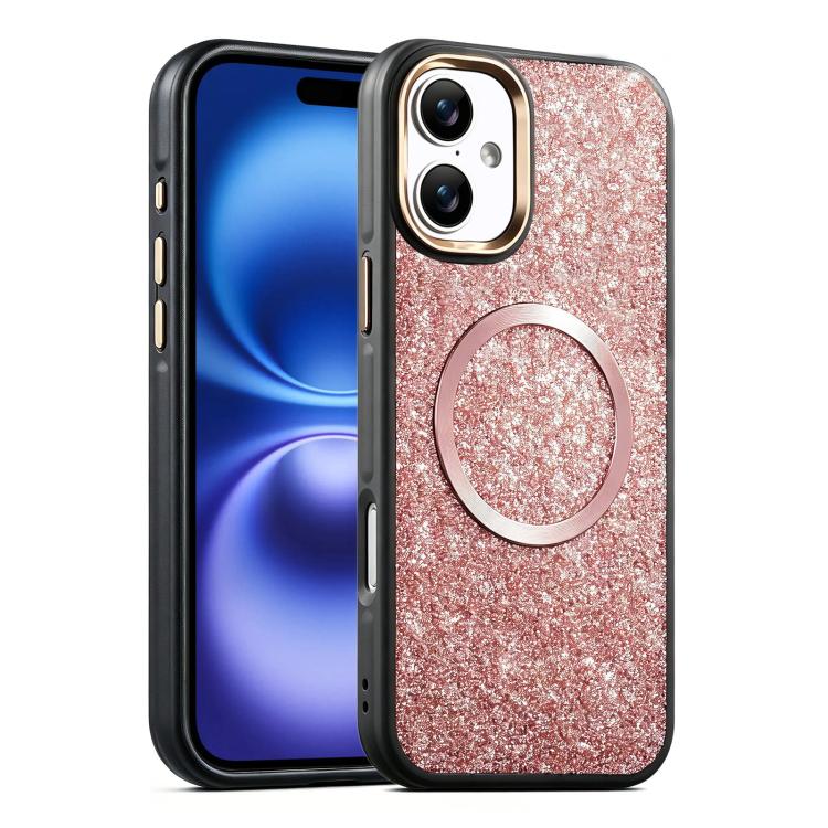 For iPhone 16 Glitter Airbag Shockproof Magnetic Phone Case(Pink)