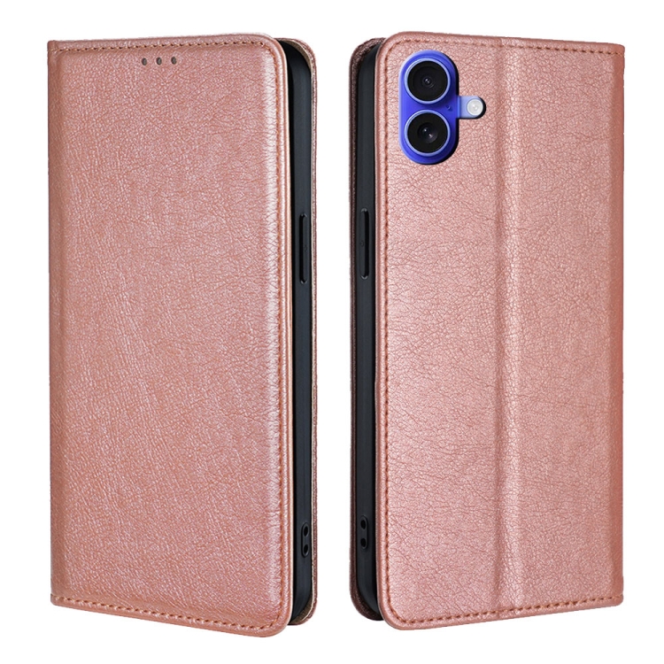For iPhone 16 Gloss Oil Solid Color Magnetic Leather Phone Case(Rose Gold)