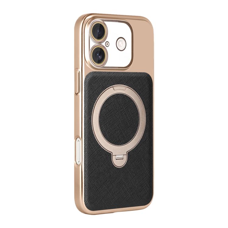 For iPhone 16 Gold Shield Magnetic Holder Lens Film Phone Case(Black)