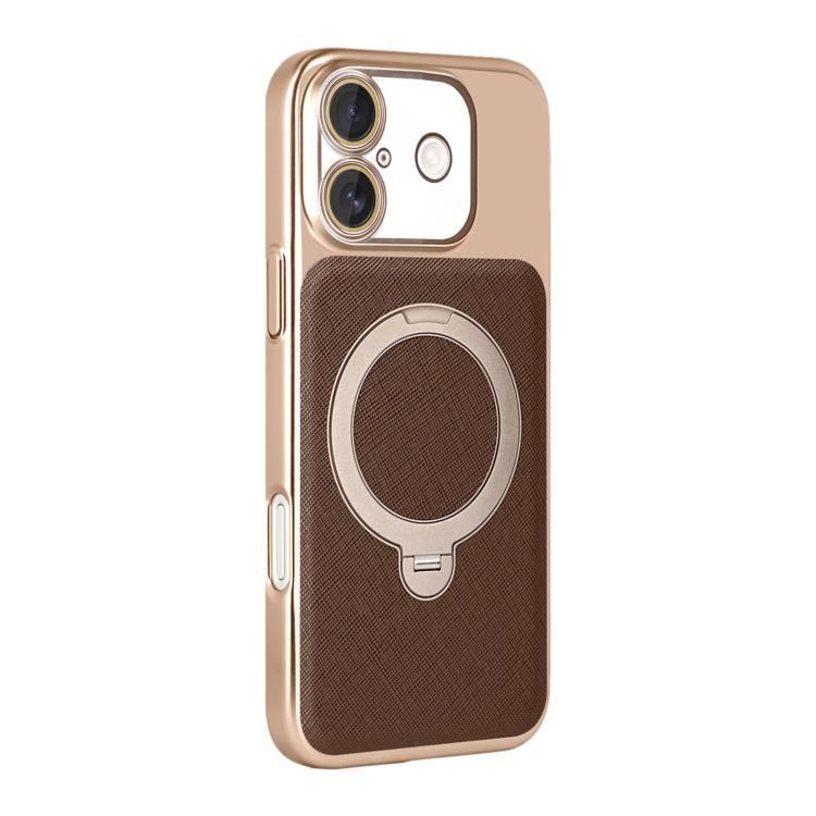 For iPhone 16 Gold Shield Magnetic Holder Lens Film Phone Case(Brown)