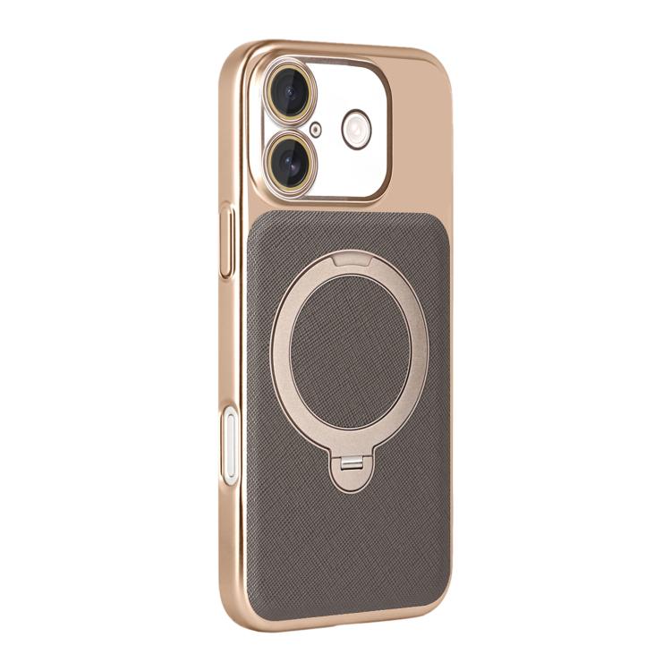 For iPhone 16 Gold Shield Magnetic Holder Lens Film Phone Case(Grey)