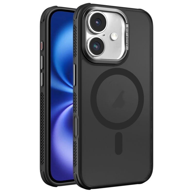 For iPhone 16 Hardware Side Cooling Skin Feel Frosted Metal Lens Frame MagSafe Phone Case(Black)
