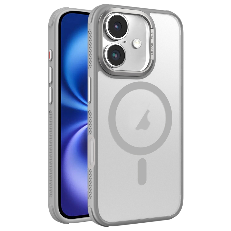 For iPhone 16 Hardware Side Cooling Skin Feel Frosted Metal Lens Frame MagSafe Phone Case(Grey)
