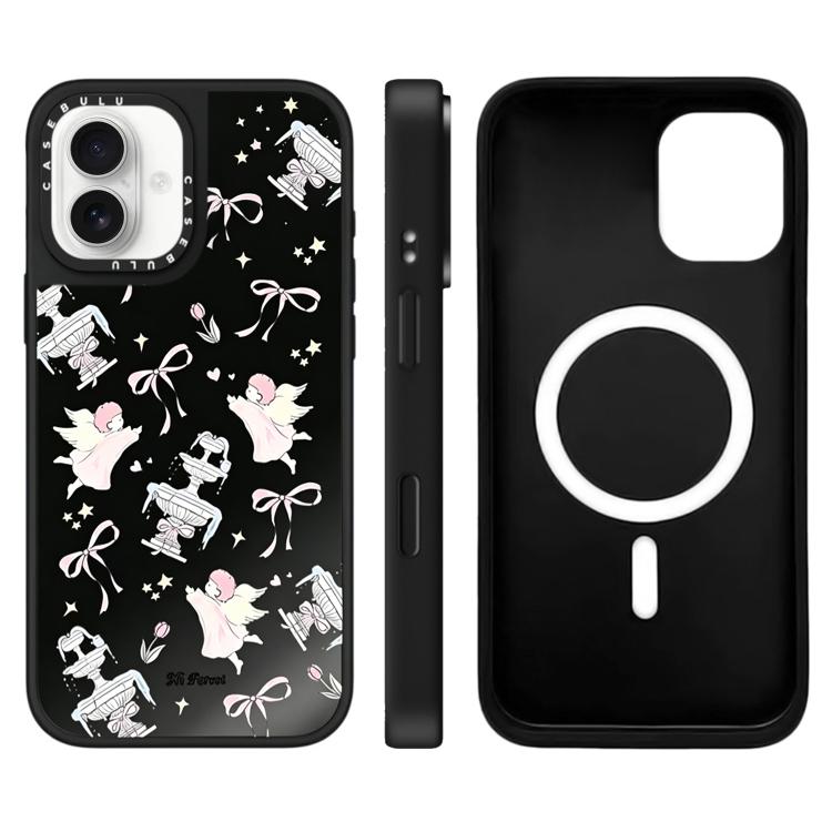 For iPhone 16 Hi Forest Series Pattern Mirror Magnetic Phone Case(Angel Bow Black)