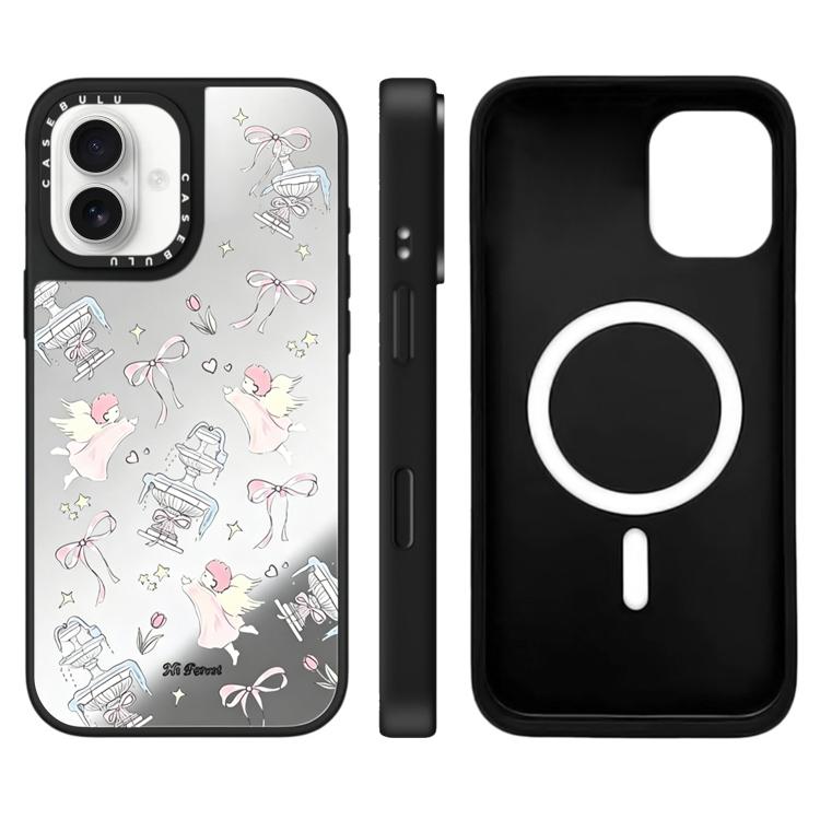 For iPhone 16 Hi Forest Series Pattern Mirror Magnetic Phone Case(Angel Bow Silver)