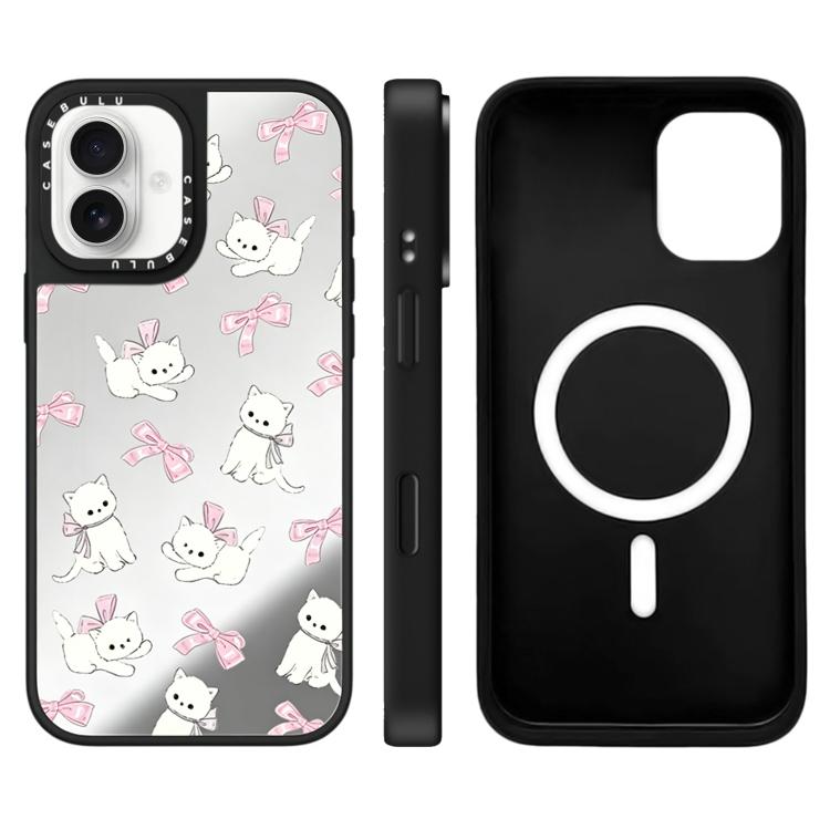 For iPhone 16 Hi Forest Series Pattern Mirror Magnetic Phone Case(Bow-adorned Cats)