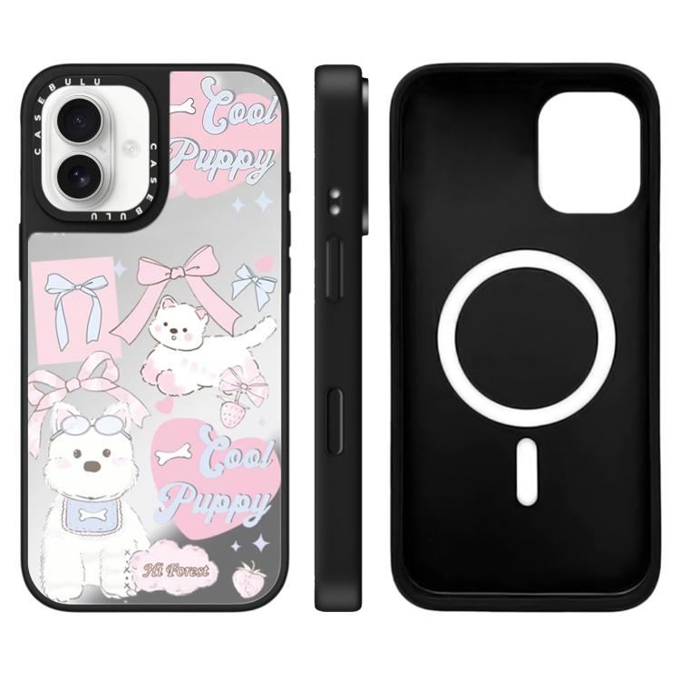 For iPhone 16 Hi Forest Series Pattern Mirror Magnetic Phone Case(Bow Puppy)