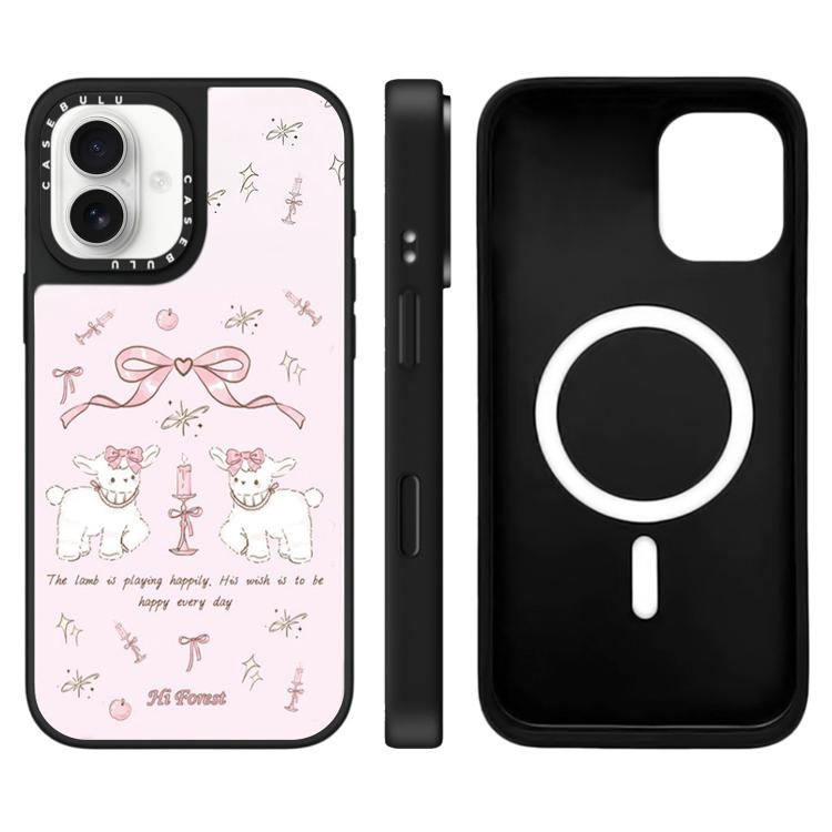 For iPhone 16 Hi Forest Series Pattern Mirror Magnetic Phone Case(Bow Two Lambs)