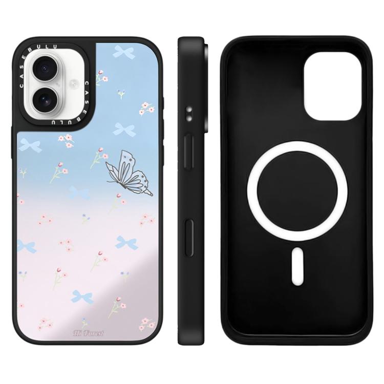 For iPhone 16 Hi Forest Series Pattern Mirror Magnetic Phone Case(Butterfly Flower)