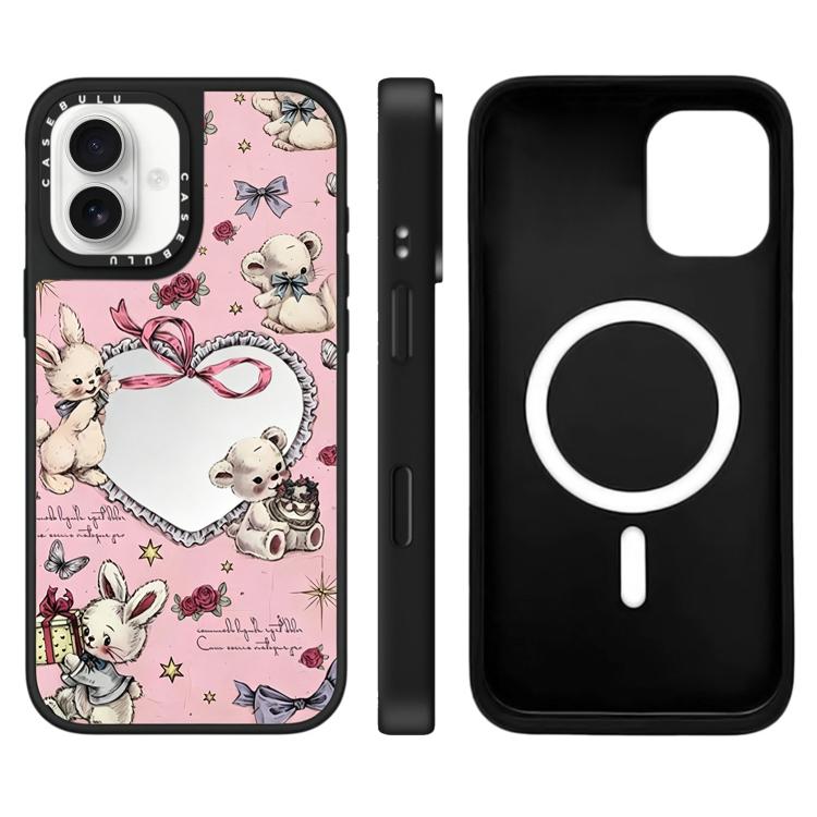 For iPhone 16 Hi Forest Series Pattern Mirror Magnetic Phone Case(Rabbit Bear)
