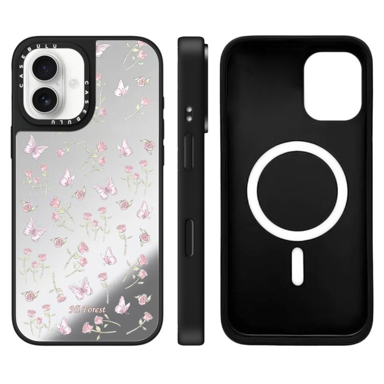 For iPhone 16 Hi Forest Series Pattern Mirror Magnetic Phone Case(Small Floral)