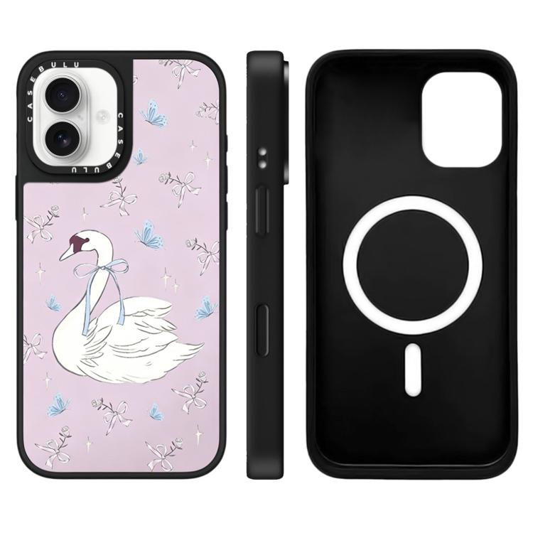 For iPhone 16 Hi Forest Series Pattern Mirror Magnetic Phone Case(Swan Bow)