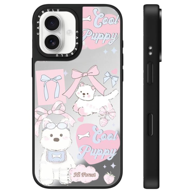 For iPhone 16 Hi Forest Series Pattern Mirror Phone Case(Bow Puppy)