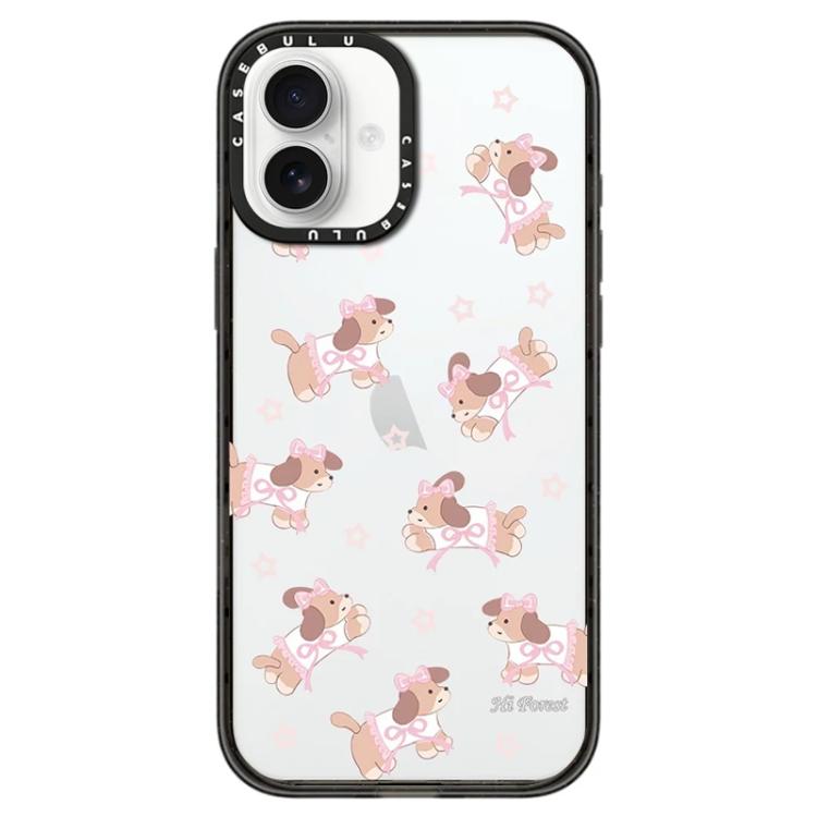 For iPhone 16 Hi Forest Series Pattern Transparent Acrylic Phone Case(Bow Dog)