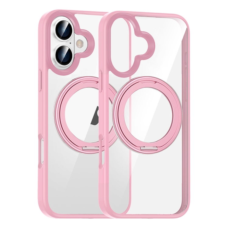 For iPhone 16 High Transparency 360 Degree Rotating Holder MagSafe Phone Case(Pink)