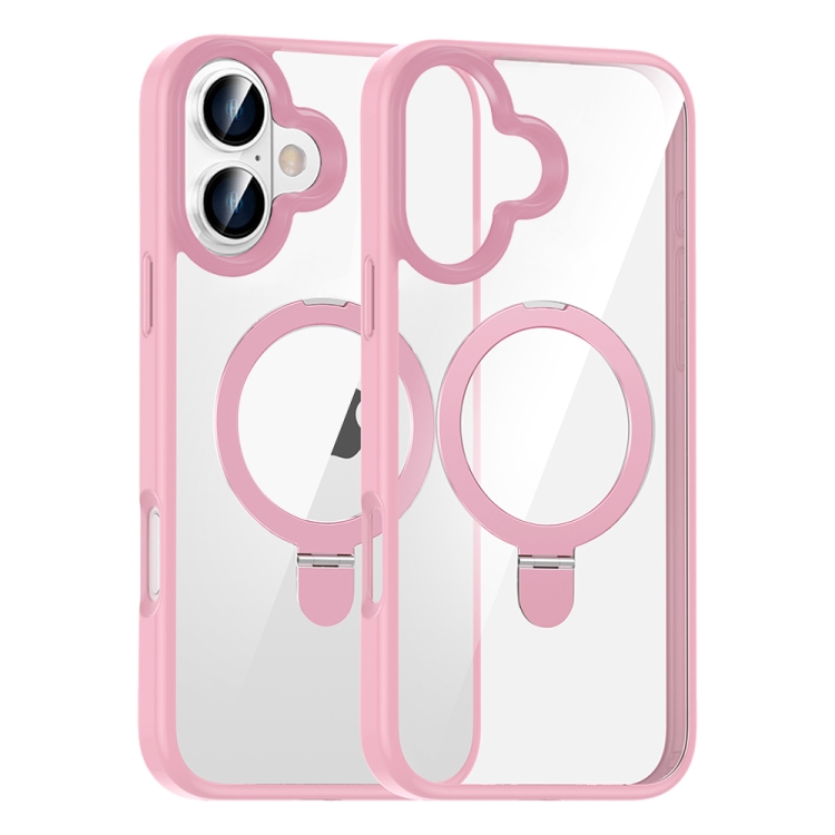 For iPhone 16 High Transparency MagSafe Holder Phone Case(Pink)