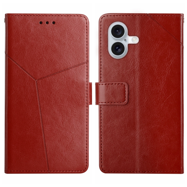 For iPhone 16 HT01 Y-shaped Pattern Flip Leather Phone Case(Brown)