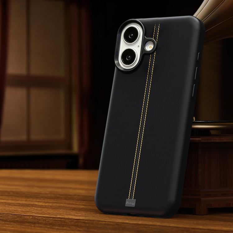 For iPhone 16 Jazz Series Retro Vegan Leather Textured Metal Frame Magnetic Phone Case(Black)