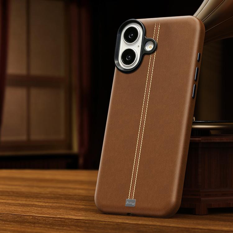 For iPhone 16 Jazz Series Retro Vegan Leather Textured Metal Frame Magnetic Phone Case(Brown)