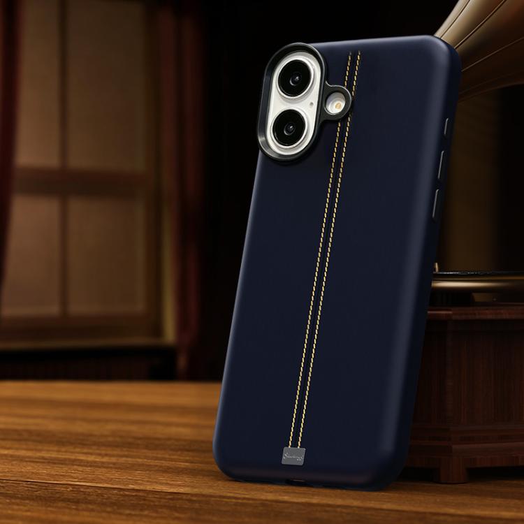 For iPhone 16 Jazz Series Retro Vegan Leather Textured Metal Frame Magnetic Phone Case(Dark Blue)